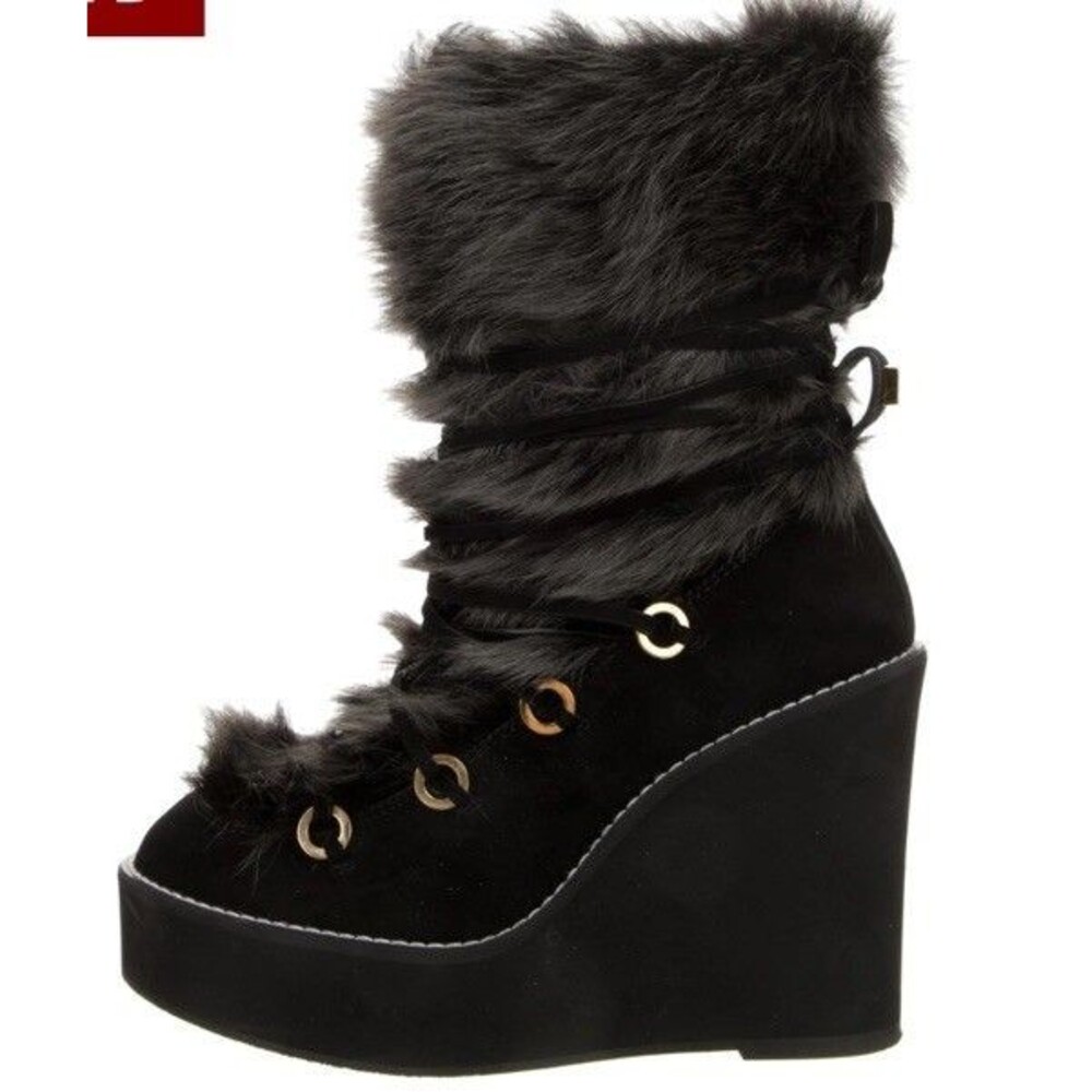 Stuart Weitzman Nikita Wedge Fur Trimmed Mid Calf Boots